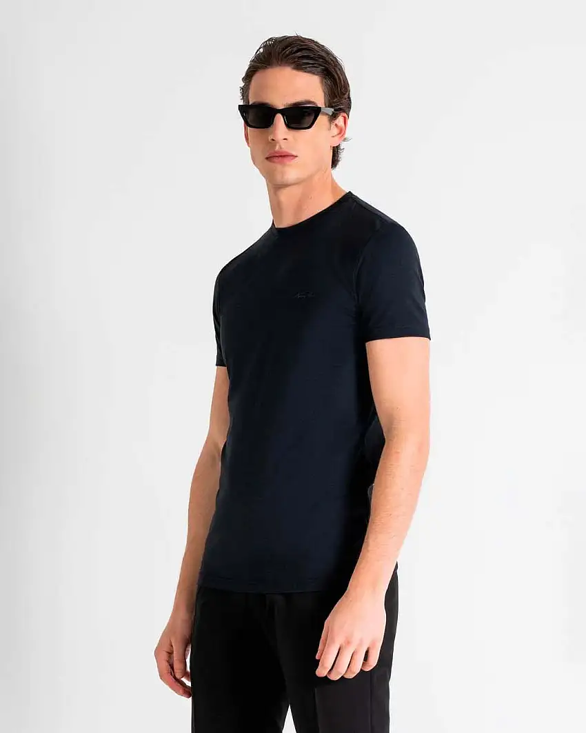 T-shirt mezza manica Antony Morato blu in cotone e modal stretch con logo firma in tono