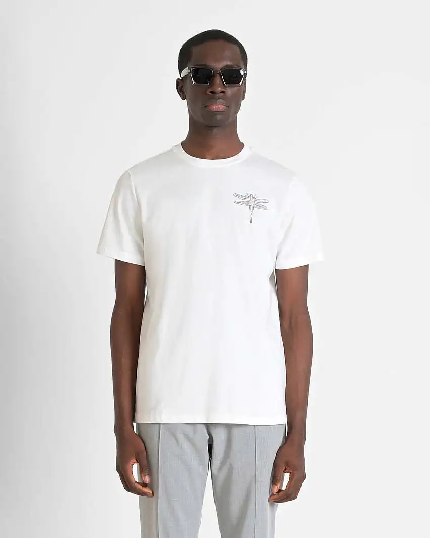 T-shirt mezza manica Antony Morato bianca in jersey di puro cotone con ricamo libellula al petto