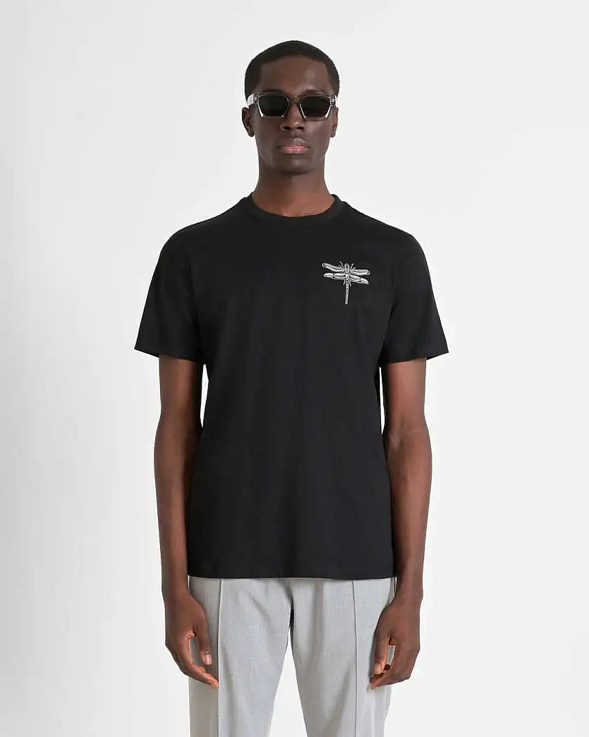 T-shirt mezza manica Antony Morato nera in jersey di puro cotone con ricamo libellula al petto