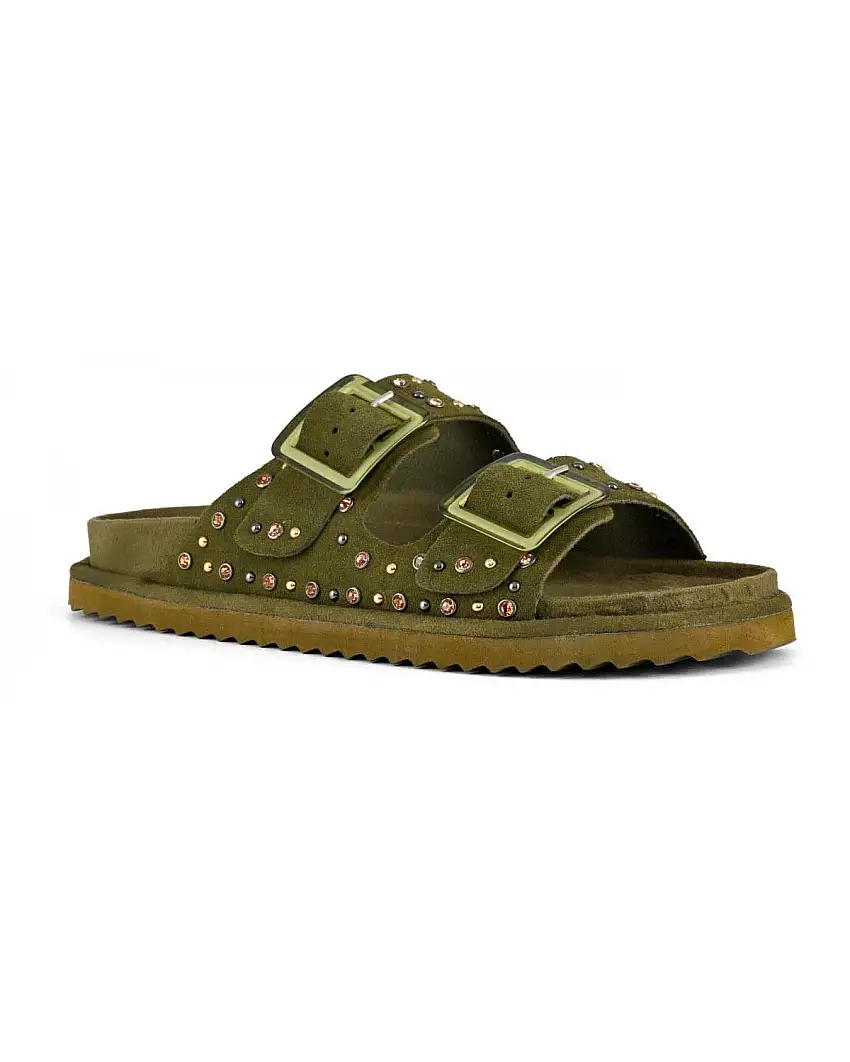 Sandali verde militare Colors of California in pelle scamosciata con borchie argento applicate