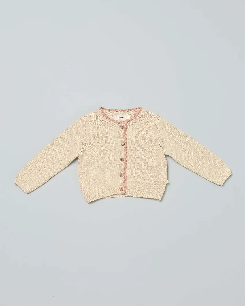 Cardigan beige in cotone con ricami rosa e chiusura a bottoncini