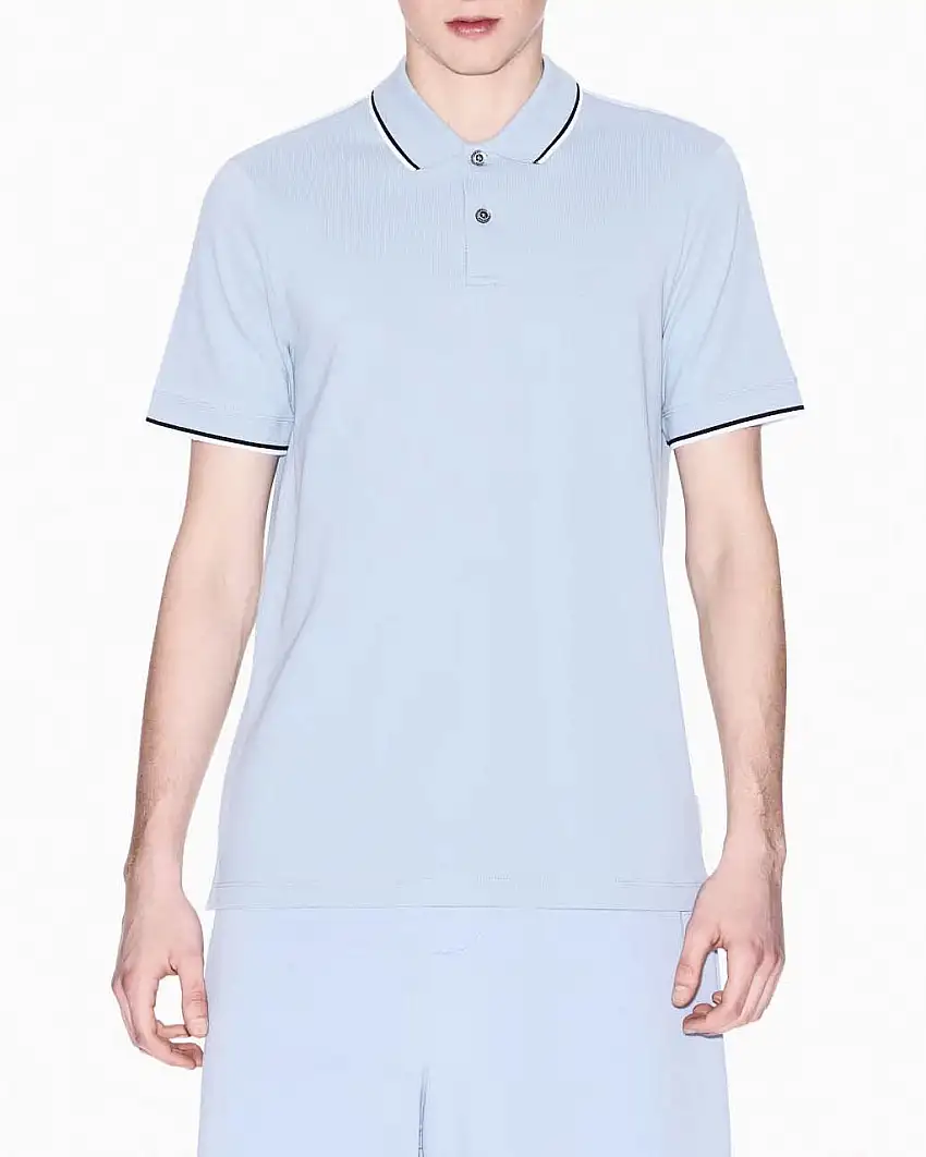 Polo mezza manica Armani Exchange azzurra in piquè di cotone con bordino nero e bianco