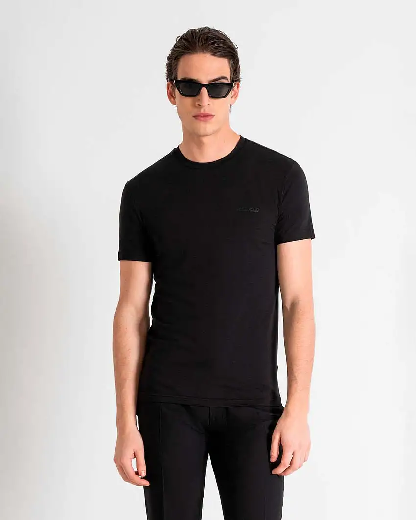 T-shirt mezza manica Antony Morato nera in cotone e modal stretch con logo firma in tono