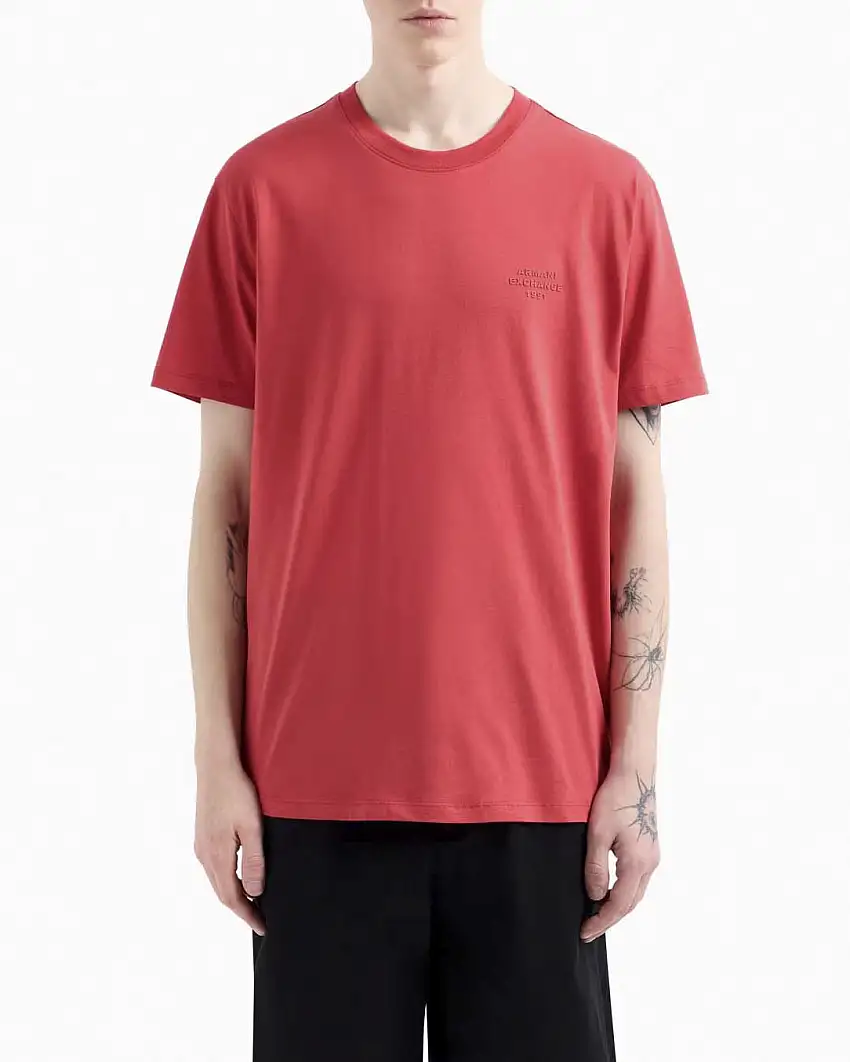 T-shirt mezza manica Armani Exchange corallo regular-fit con ricamo scritta logo in tono