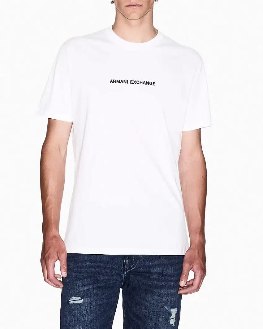 T-shirt mezza manica Armani Exchange bianca regular-fit con ricamo scritta logo centrale sul petto