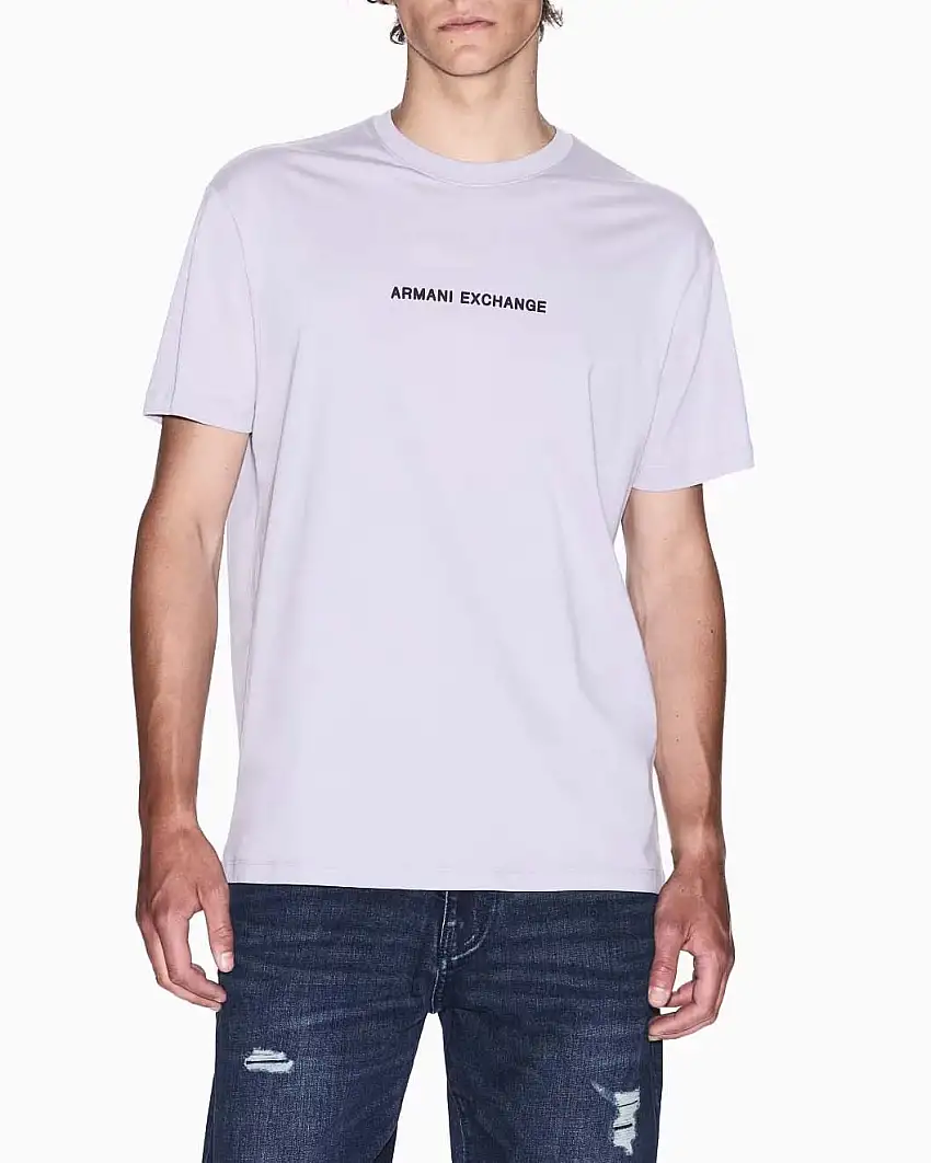 T-shirt mezza manica Armani Exchange lilla regular-fit con ricamo scritta logo centrale sul petto