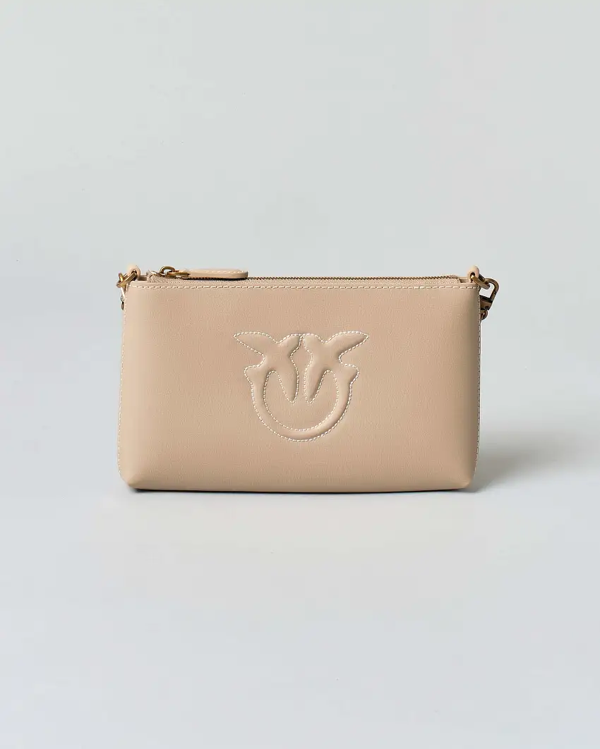 Borsa a tracolla beige Pinko il pelle liscia con logo Love Birds in rilievo con bordi ricamati