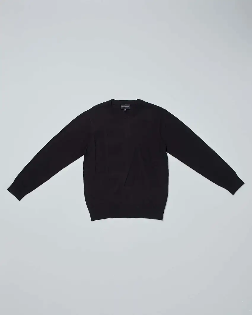 Maglia Emporio Armani nera girocollo in misto viscosa con maxi logo monogramma jacquard in tono