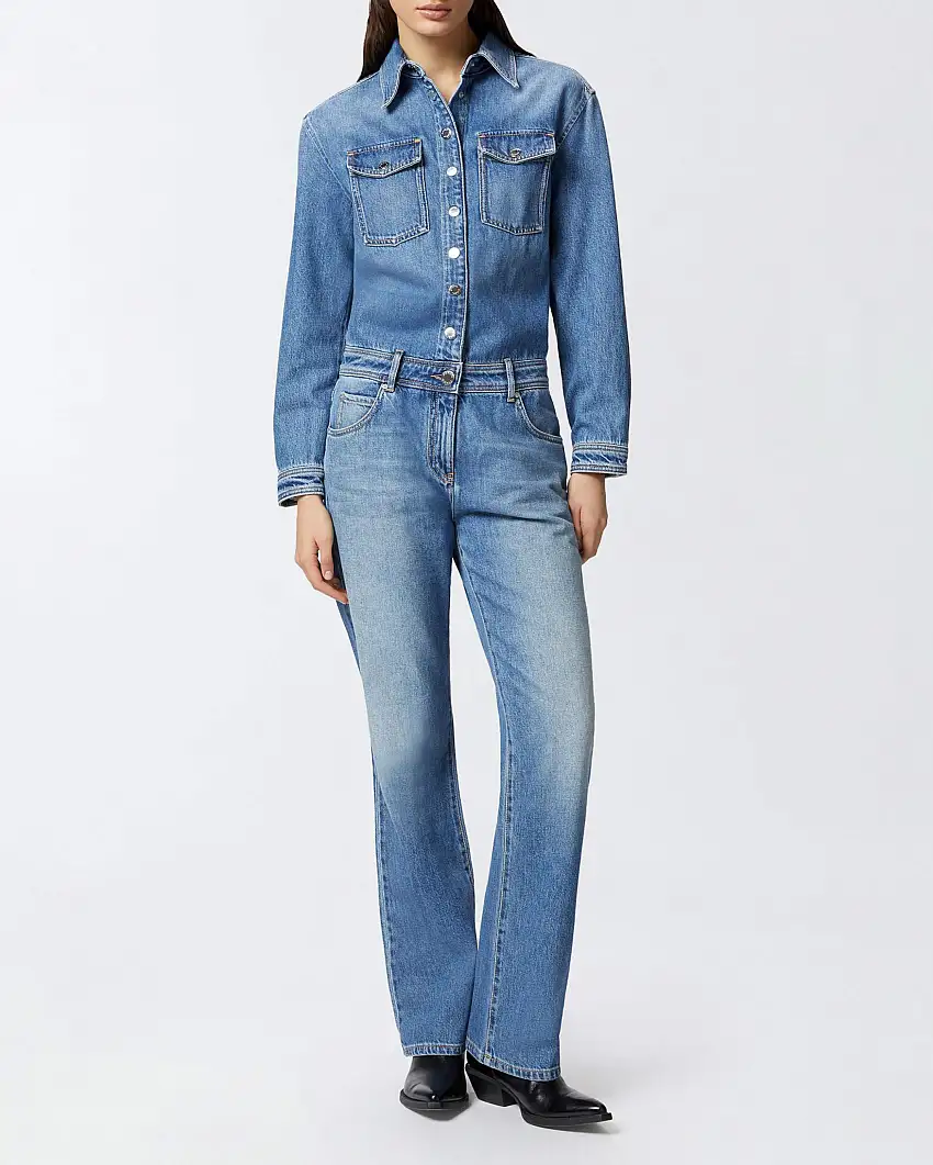 Tuta intera blu stone washed Pinko in denim di misto cotone con maniche lunghe