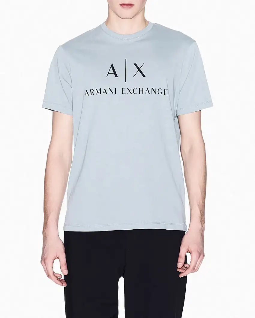 T-shirt mezza manica Armani Exchange color acqua in cotone con logo AX stampato in contrasto sul petto