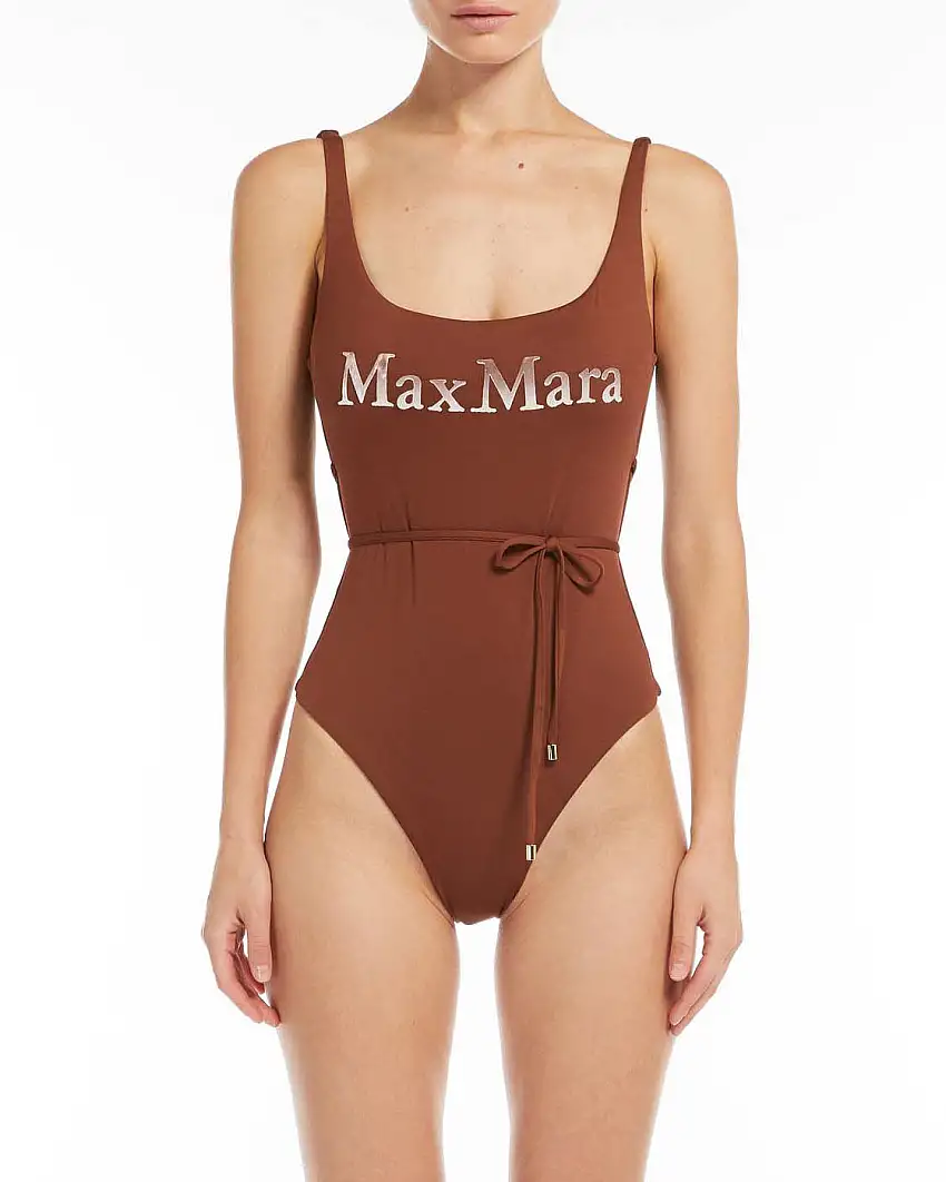 Costume intero color coccio Max Mara Beachwear con scritta logo effetosfumato e cinturina in vita