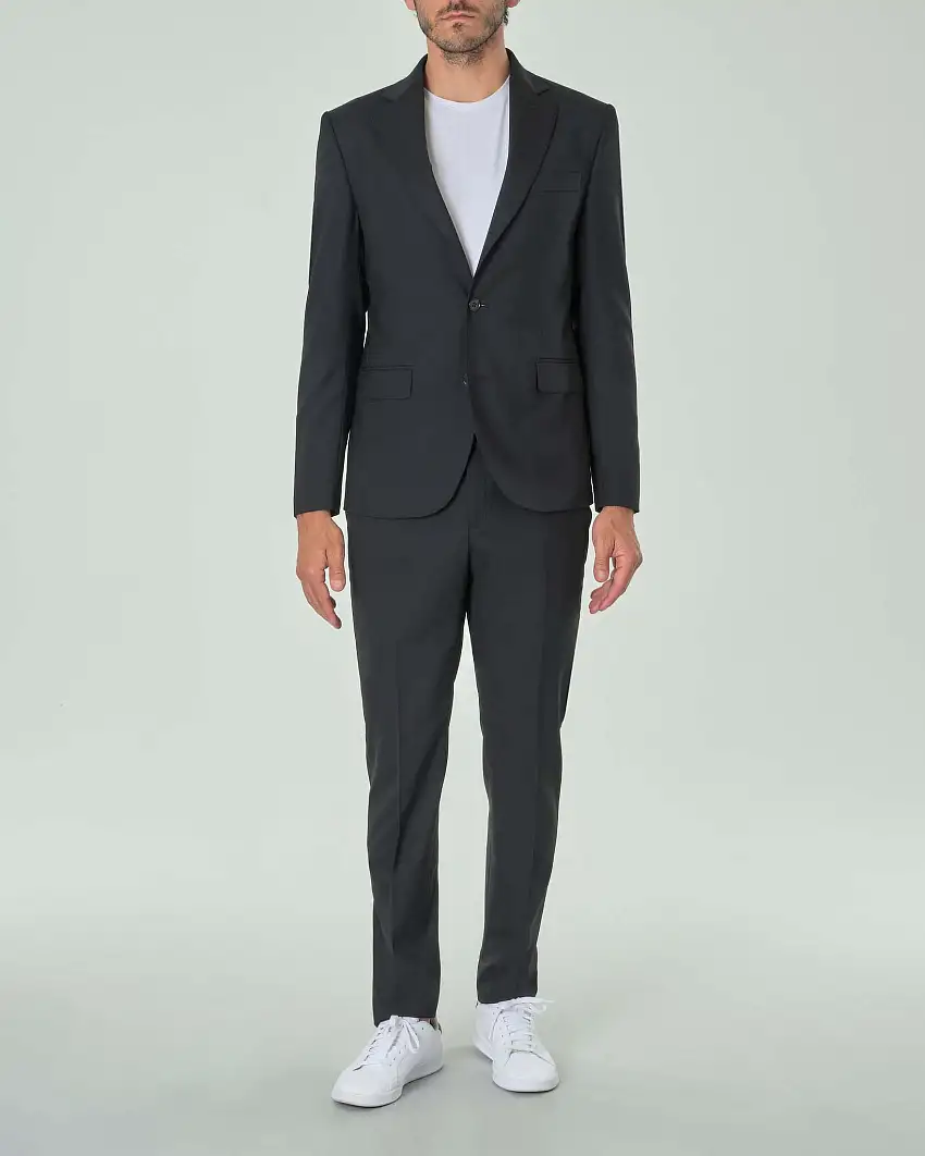 Abito nero in tela di lana stretch con rever a lancia