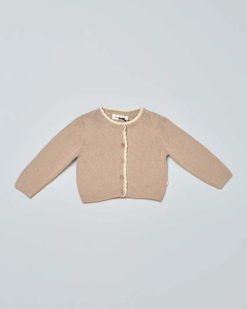 Cardigan marrone in cotone con ricami bianchi e chiusura a bottoncini