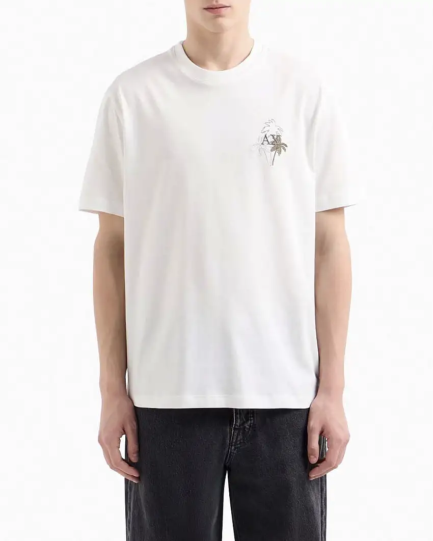 T-shirt mezza manica Armani Exchange bianca con ricamo AX e palme sul petto