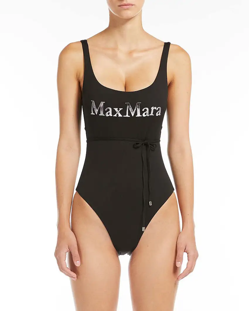 Costume intero nero Max Mara Beachwear con scritta logo effeto sfumato e cinturina in vita