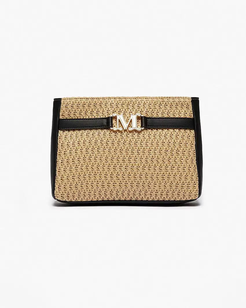 Pochette beige effetto raffia Max Mara Beachwear con interti in similpelle nera e fibbia logo dorata