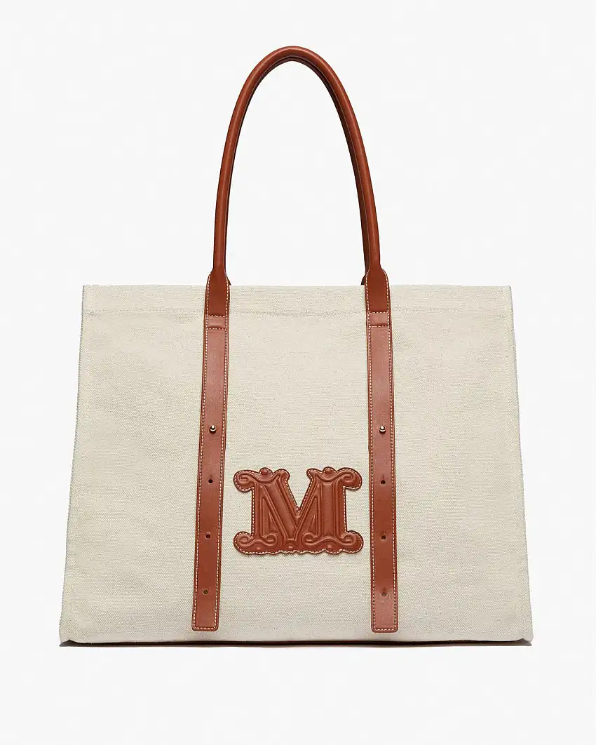 Borsa mare grande color ecrù in canvas di cotone Max Mara Beachwear con monogramm e profili in similpelle effetto cuoio