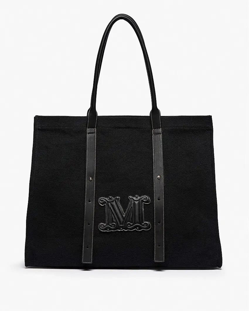 Borsa mare grande nera in canvas di cotone Max Mara Beachwear con monogramm e profili in similpelle