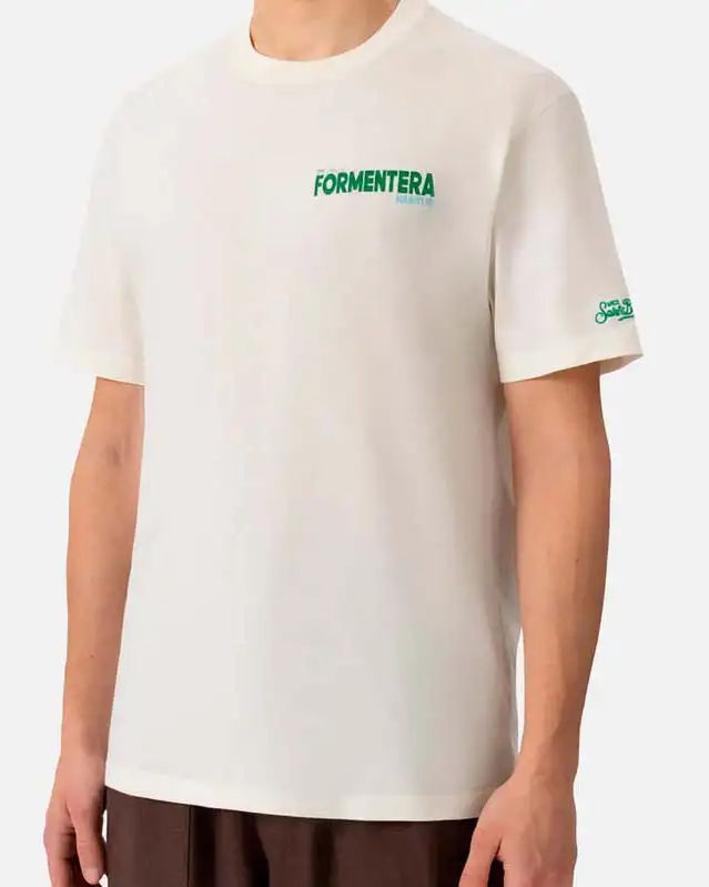 T-shirt MC2 Saint Barth panna con scritta sul petto e maxi stampa grafica Formentera habituè sul retro