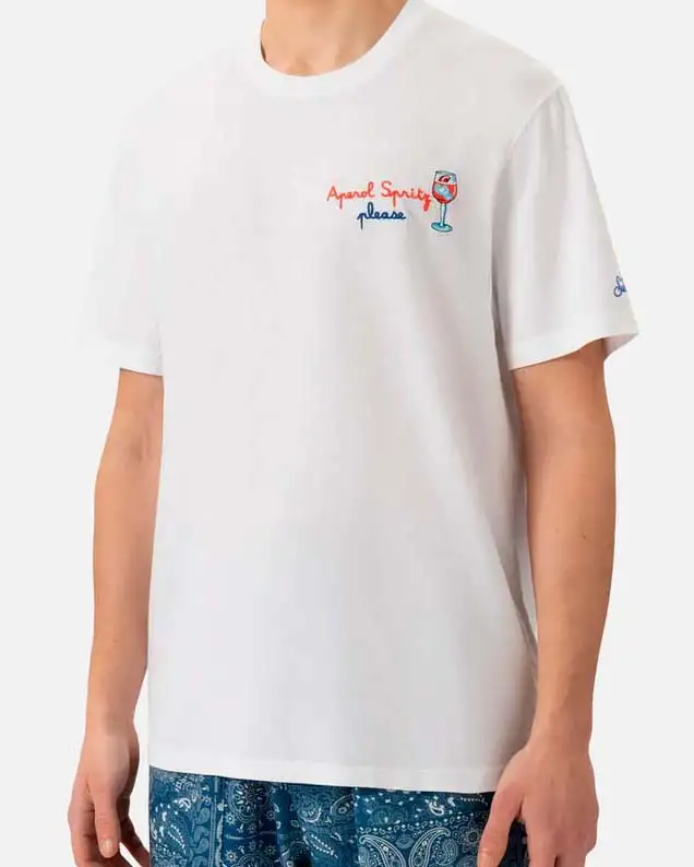 T-shirt MC2 Saint Barth bianca con ricamo Aperol Spritz Please sul petto