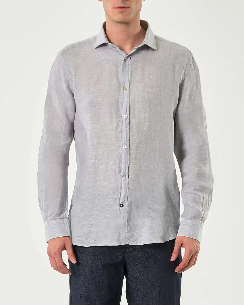 Camicia Alley Docks grigia in puro lino tinto filo con colletto alla francese