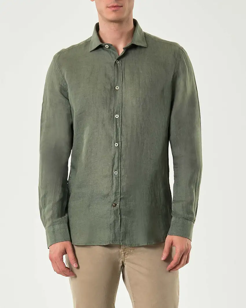 Camicia Alley Docks verde militare in puro lino con colletto alla francese