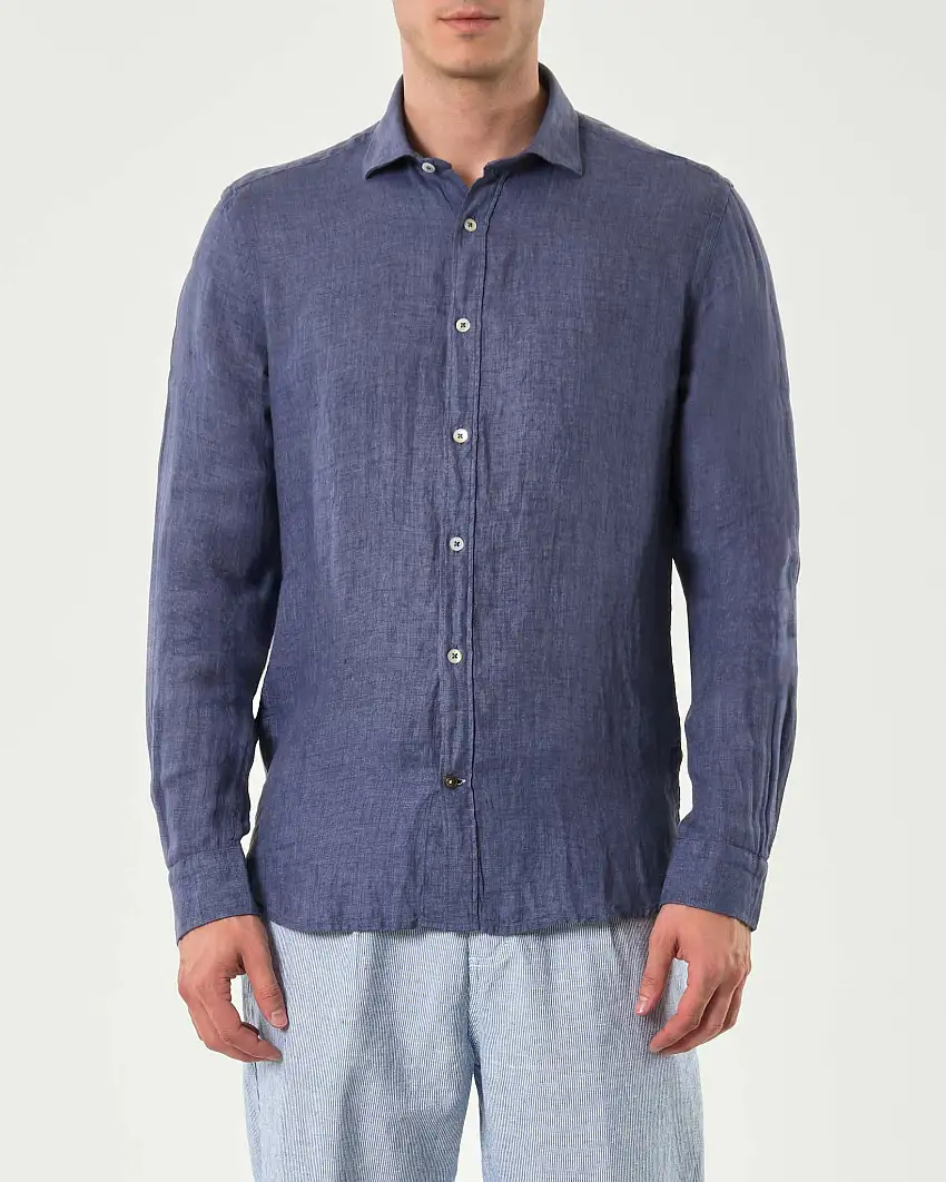 Camicia Alley Docks blu indaco in puro lino con colletto alla francese