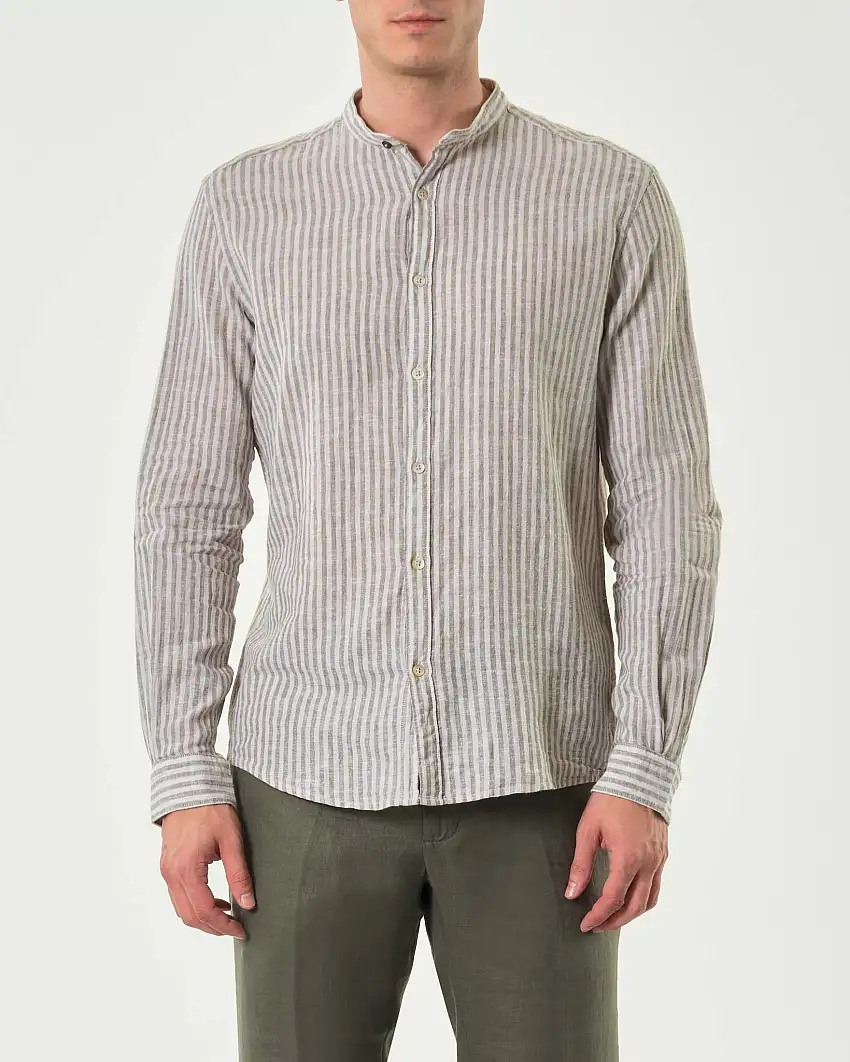 Camicia Alley Docks bastoncino panna e militare in misto lino e cotone con colletto alla coreana