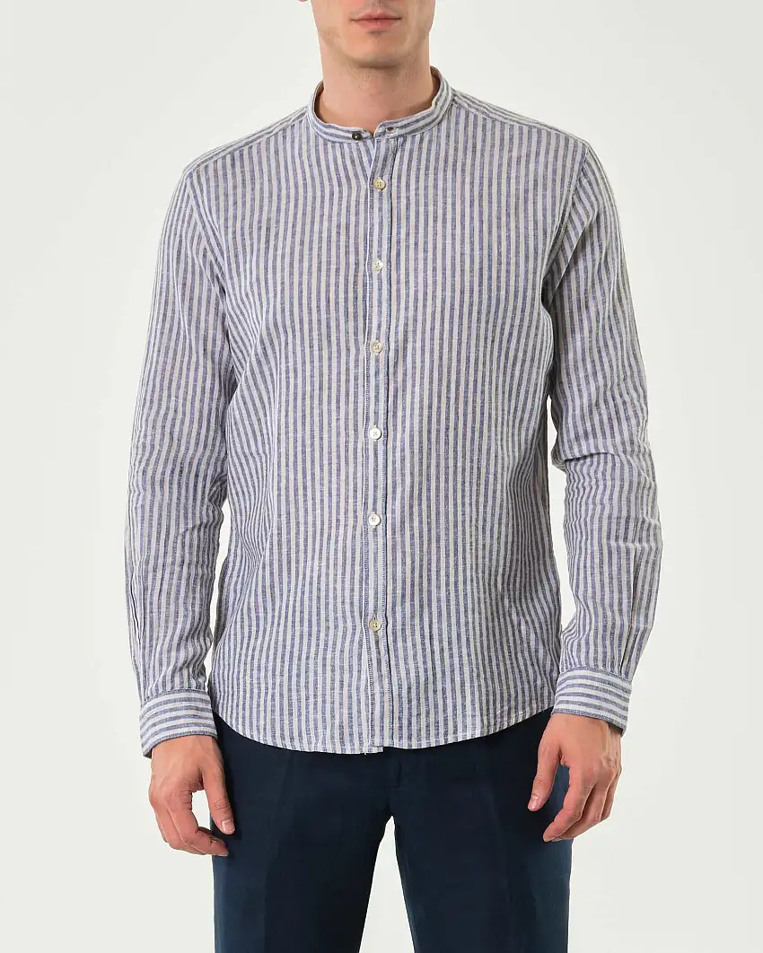 Camicia Alley Docks bastoncino panna e blu in misto lino e cotone con colletto alla coreana