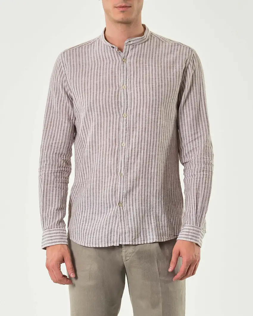 Camicia Alley Docks bastoncino panna e noce in misto lino e cotone con colletto alla coreana