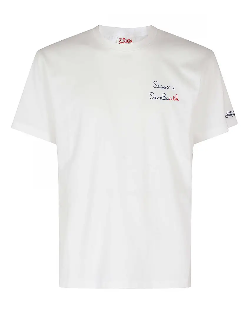 T-shirt MC2 Saint Barth bianca con ricamo Sesso e SanBarth sul petto