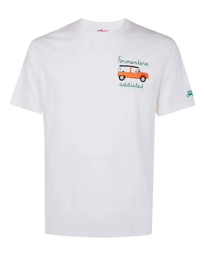 T-shirt MC2 Saint Barth bianca con ricamo Formentera Addicted sul petto