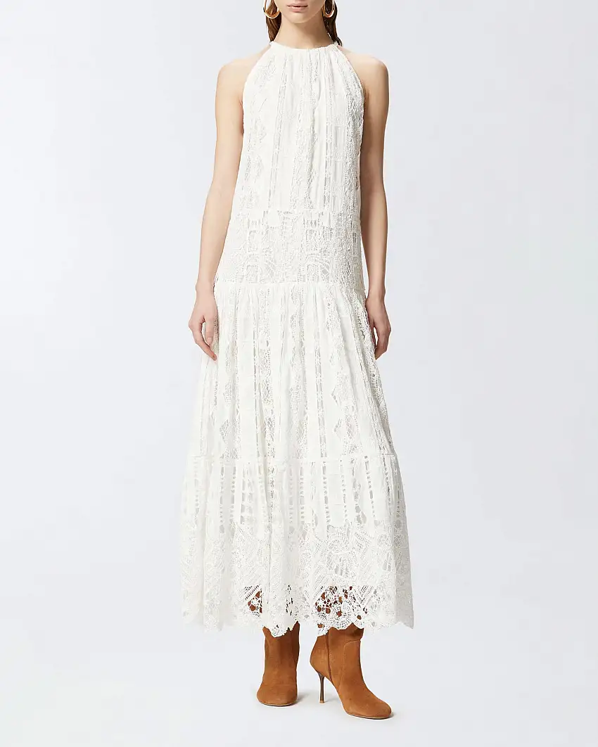 Abito lungo bianco Pinko in pizzo di cotone senza maniche con scollo all'americana