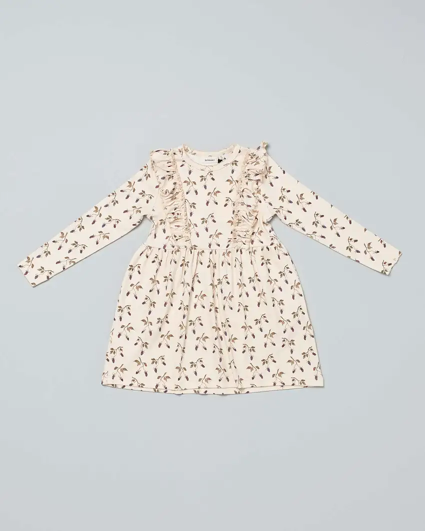 Abito beige in cotone stretch a fantasia fiorita all-over a maniche lunghe con rouches 2-7 anni