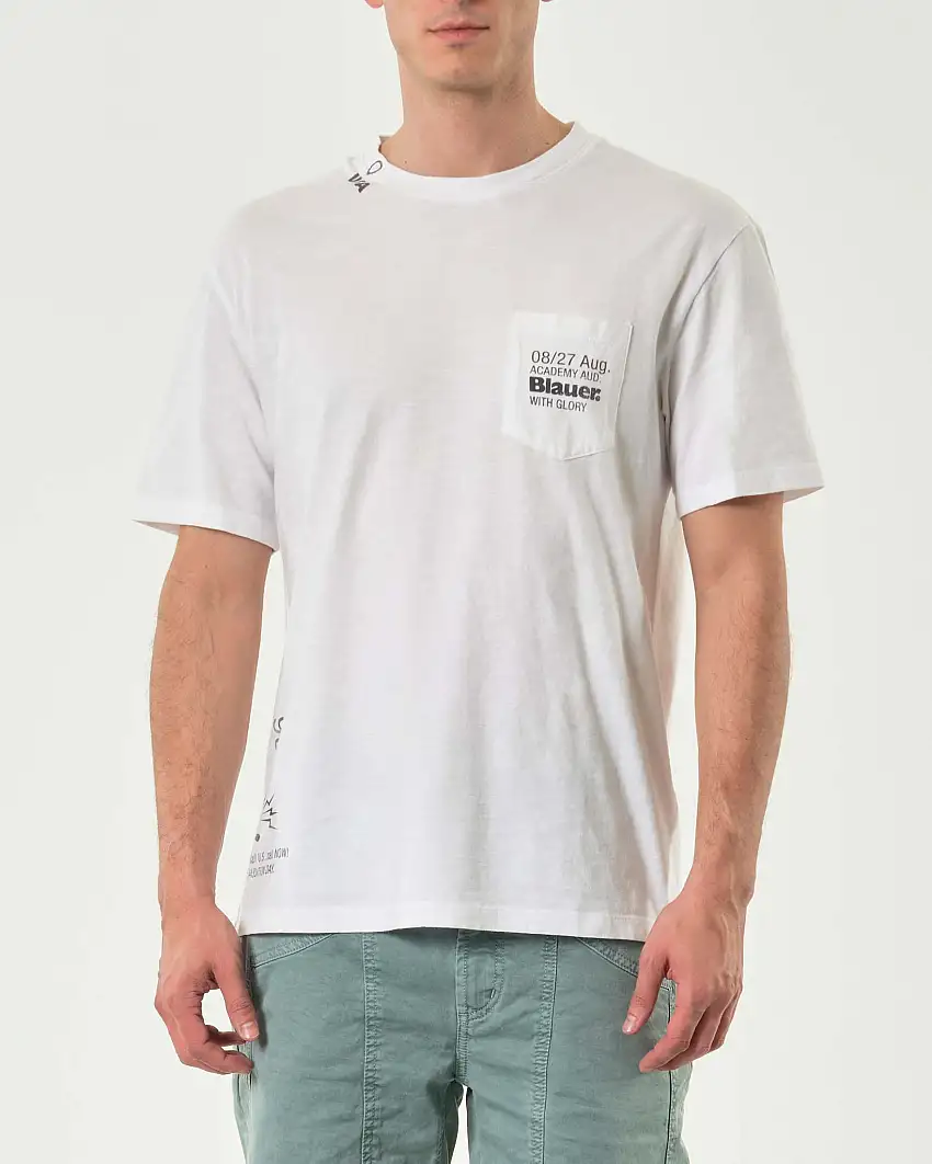 T-shirt Blauer bianca in cotone fiammato con taschino e scritte