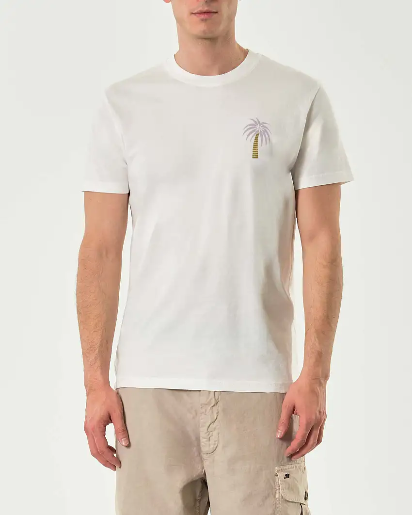 T-shirt Olow bianca con stampa palmetta al petto e maxi grafica sul retro