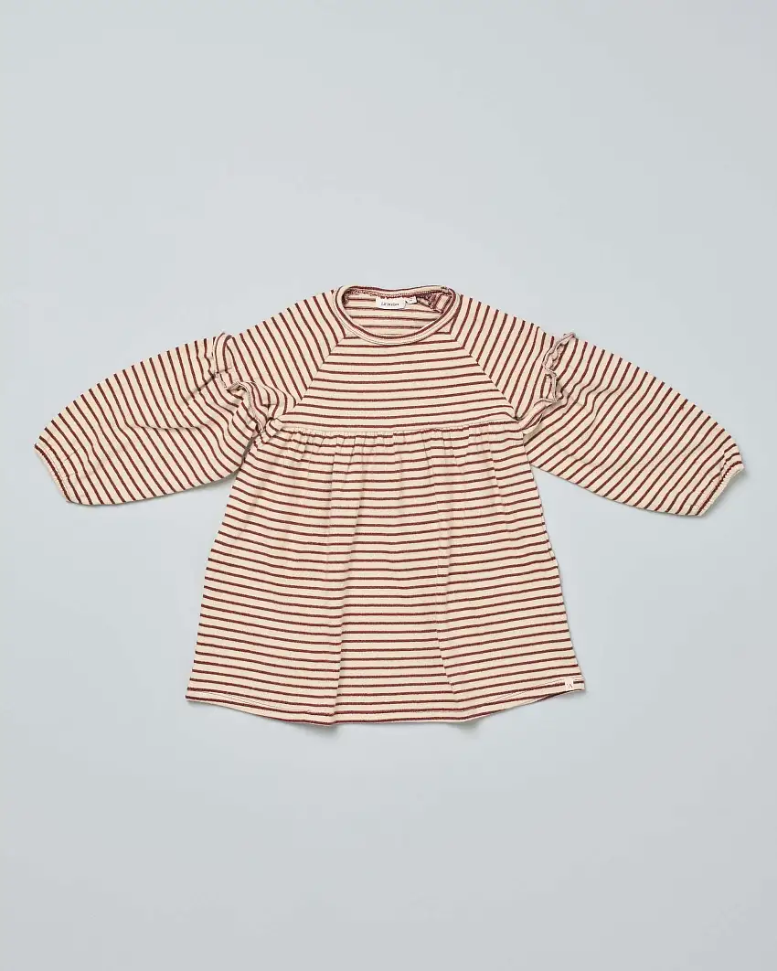 Abito beige in cotone con motivo rigato bordeaux all-over e manica bishop