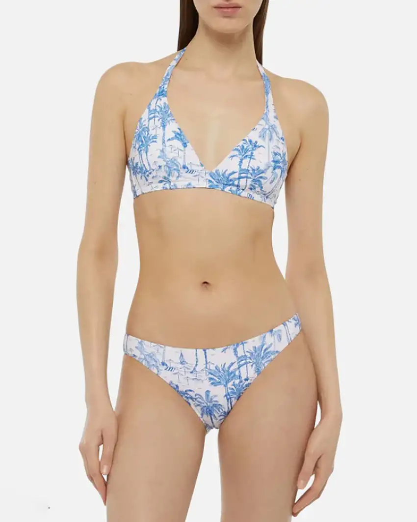 Bikini MC2 Saint Barth bianco a fantasia beach azzurra con reggiseno a vela e slip classico
