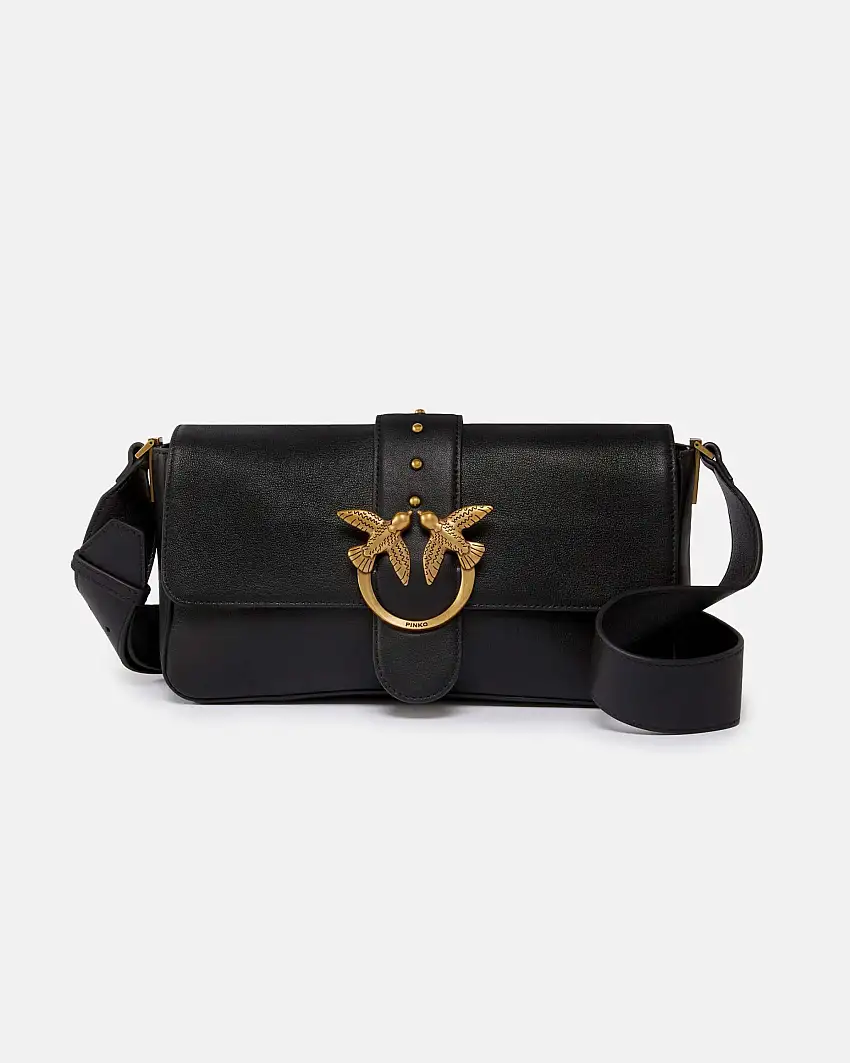 Classic Love Bag Slouchy Pinko in pelle nera con tracolla spessa e fibbia Love Birds argento