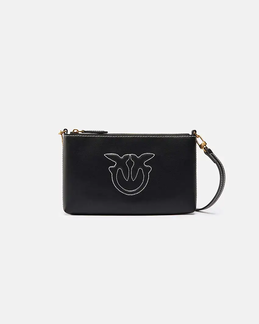 Borsa a tracolla nera Pinko il pelle liscia con logo Love Birds in rilievo con bordi ricamati
