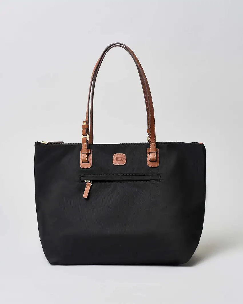 Shopping bag grande nera Bric's in nylon con manici in pelle color cuoio
