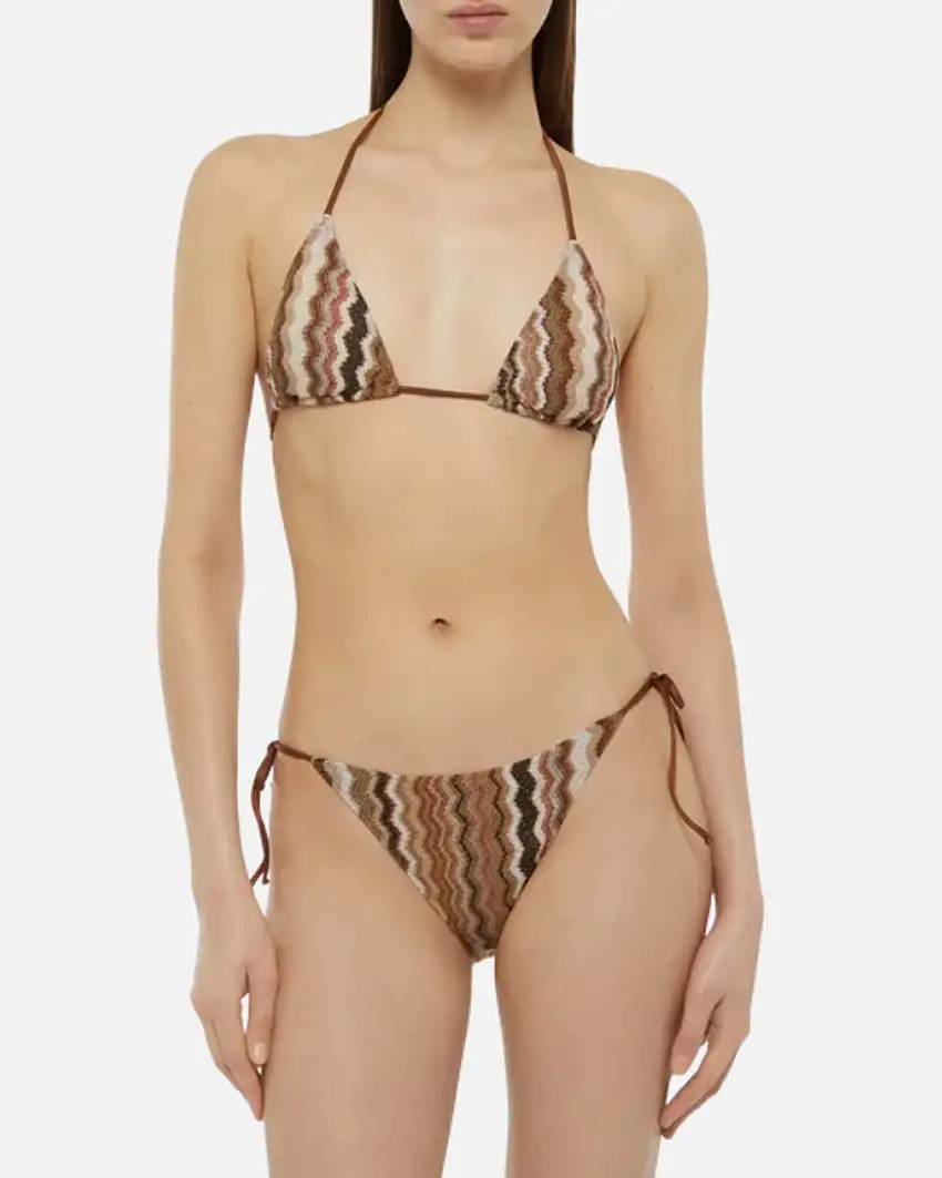 Bikini MC2 Saint Barth in maglia raschel marrone e beige a motivo chevron
