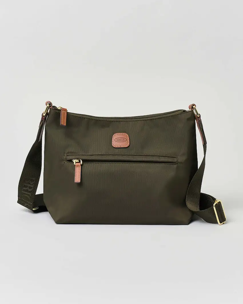 Borsa a tracolla verde oliva Bric's in nylon con tracolla in tessuto regolabile e dettagli in pelle color cuoio