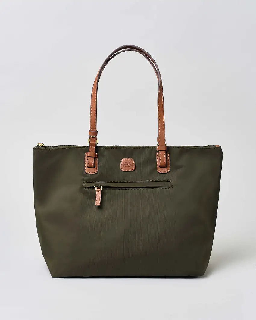 Shopping bag grande verde oliva Bric's in nylon con manici in pelle color cuoio