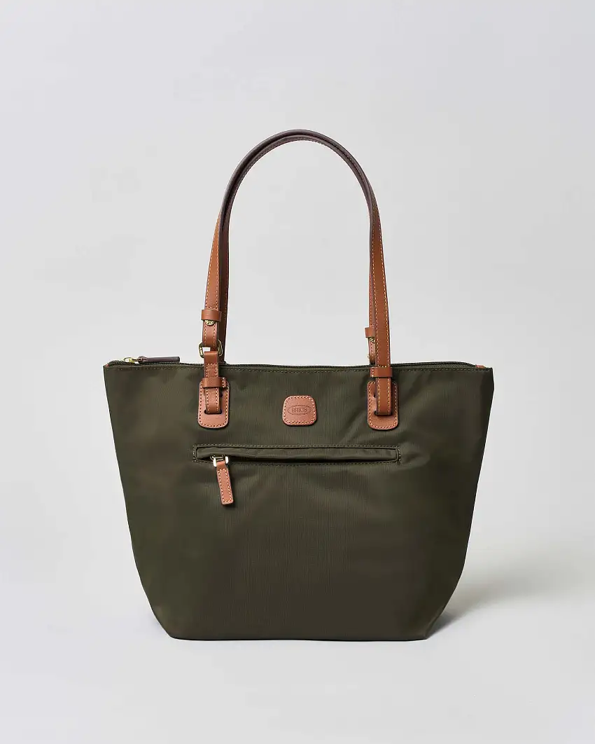 Shopping bag verde oliva Bric's misura media in nylon con manici in pelle color cuoio