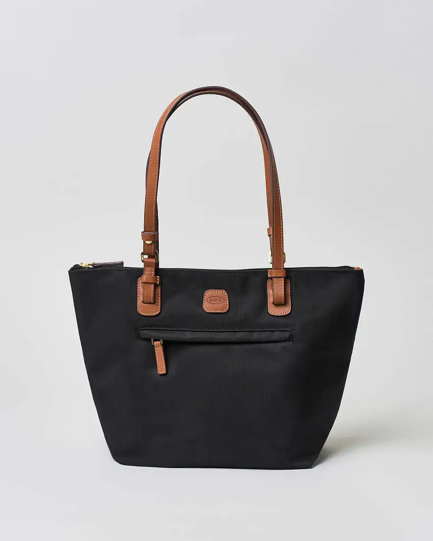 Shopping bag nera Bric's misura media in nylon con manici in pelle color cuoio