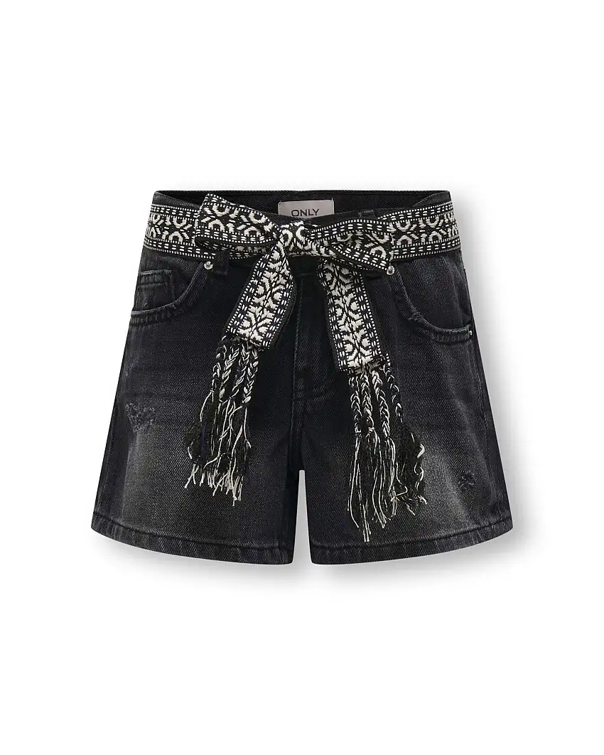 Short nero Only in denim con cintura etnica con frange