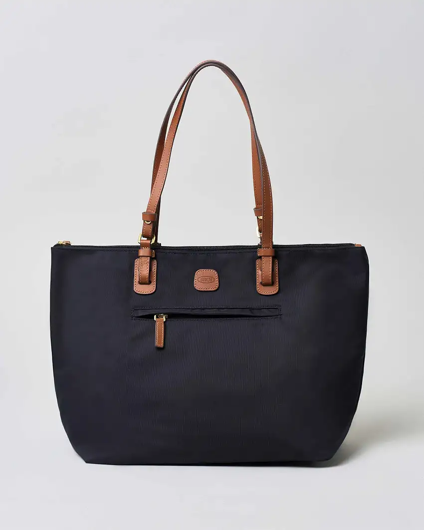 Shopping bag grande blu Bric's in nylon con manici in pelle color cuoio