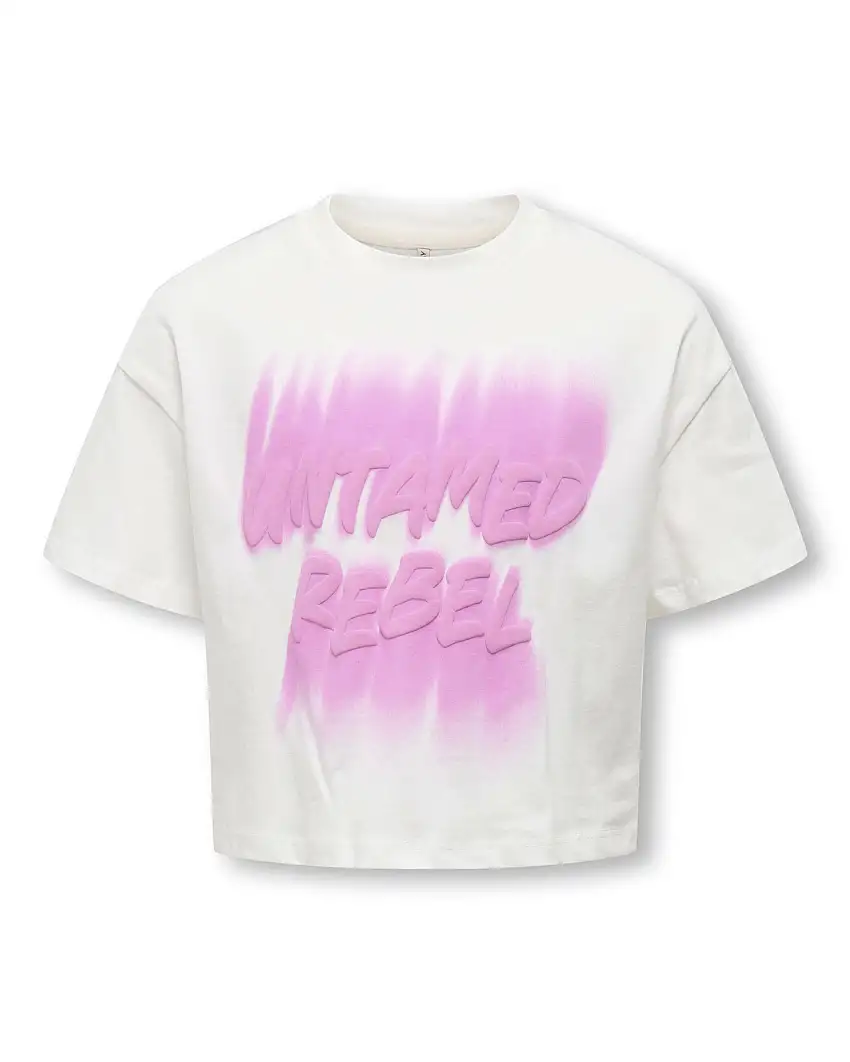 T-shirt Only bianca cropped con scritta Untamed rebel rosa