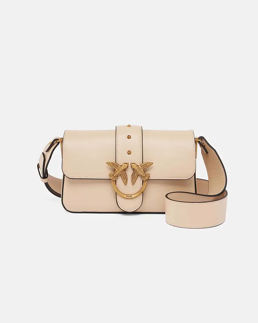 Classic Love Bag Slouchy Pinko misura piccola in pelle beige con tracolla spessa e fibbia Love Birds dorata